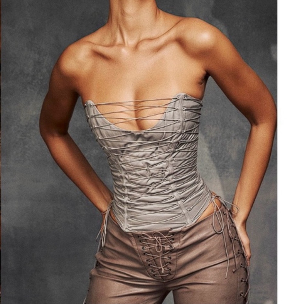 NEW House Of CB Mirabelle Smoke Grey Lace Up Corset Top Strapless Sexy S